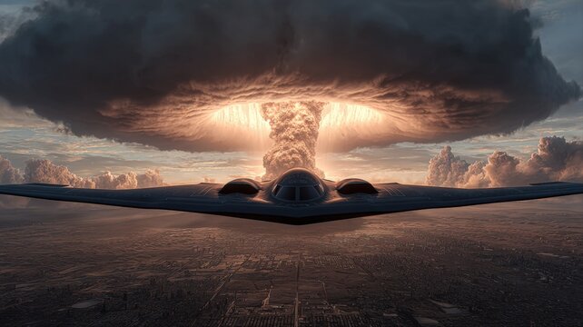 Stealth Bomber Soars Above City Skyline During Explosive Nuclear Mushroom Cloud and Fireball