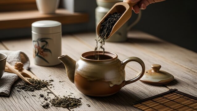 A hand pouring fresh loose leaf green tea into a rustic ceramic teapot on a wooden kitchen table