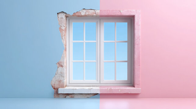 Window frame with white panes set in a split wall, one side blue and the other pink, showcasing a clear sky background and a smooth surface below
