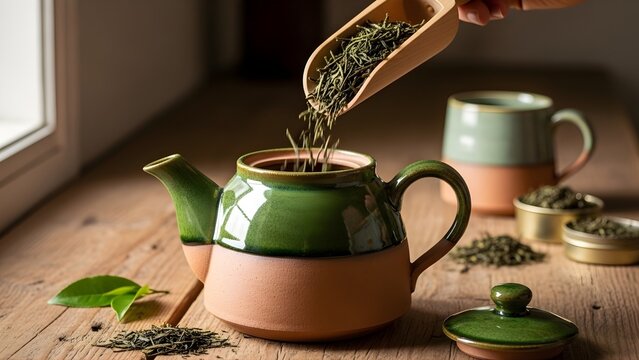 A close up view of dry green tea leaves being poured from a wooden scoop into a ceramic teapot