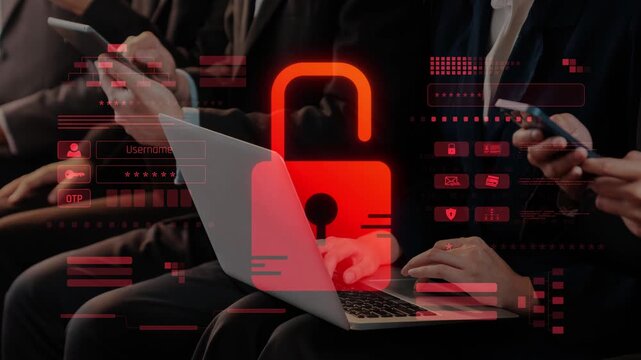 A visual representation of cybersecurity emphasizing digital safety. Business professionals interact with devices, surrounded by a symbolic digital lock indicating data protection. Raster