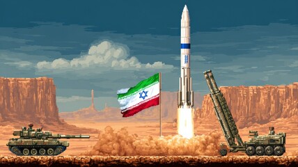 Obraz premium Military confrontation in a desert landscape with rocket launch, tank, and flags