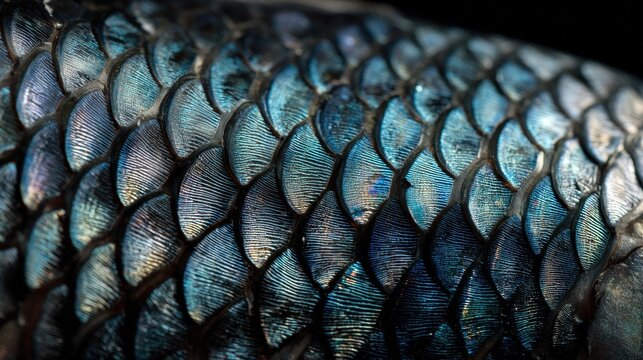 Macro photograph of asp fish scales with iridescent blue-silver tones