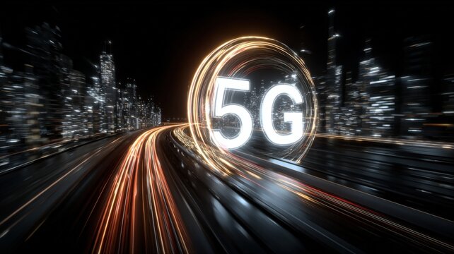 Illuminated 5G network technology glowing portal over a blurred city highway at night, symbolizing fast connectivity