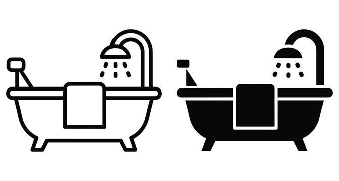 Bathtub icon set featuring shower head spraying water and towel hanging on side in outline and solid black glyph style graphic
