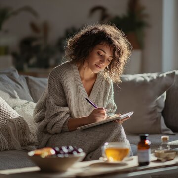 Woman relaxing at home, journaling in a notebook by natural light with tea and snacks, cozy ambiance