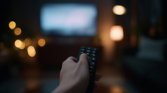 Close-up of a hand holding a remote control pointed at a blurred television screen in a cozy living room at night. Concept of entertainment, streaming, and relaxation.