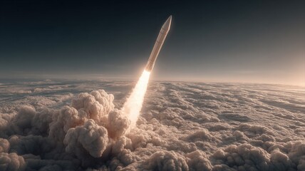 Fototapeta premium Rocket Launching Above Clouds at Sunrise, Blasting Off into Space with Fiery Exhaust and Dramatic Sky