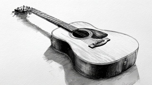 Detailed guitar study illustration featuring an acoustic guitar with cross-hatching shading