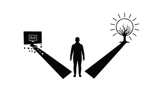 man choosing between technology and nature