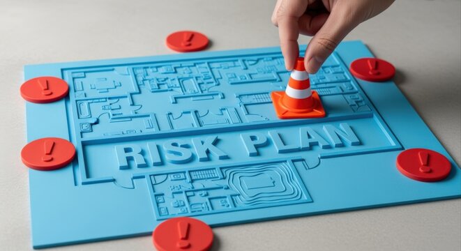 Hand placing traffic cone on architectural blueprint labeled Risk Plan, surrounded by warning symbols