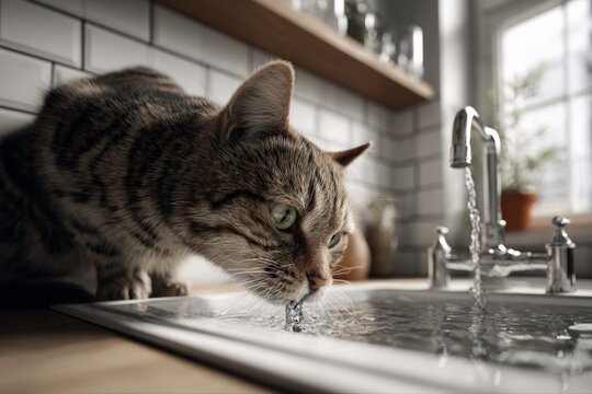 Curious Tabby Cat Drinks Fresh Water from Kitchen Sink Faucet with Clean Countertop