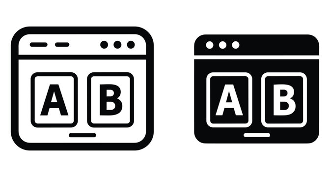 A B testing browser window icons showing split test comparison for web design optimization user experience research and digital marketing analytics