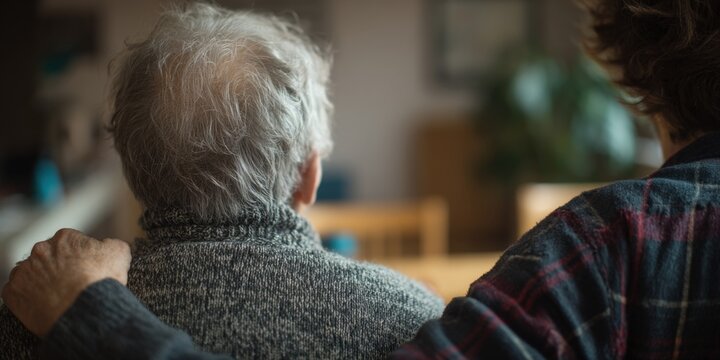 Close up of a younger person's arm resting on an older person's shoulder, showing support and care