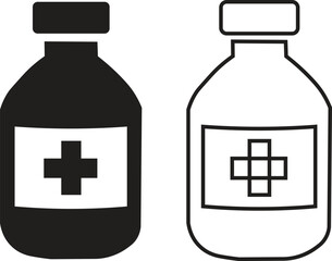 Fototapeta premium Medical medicine bottle icons, black and white pharmacy vial vector set, healthcare syrup and pill container symbols for clinical web design