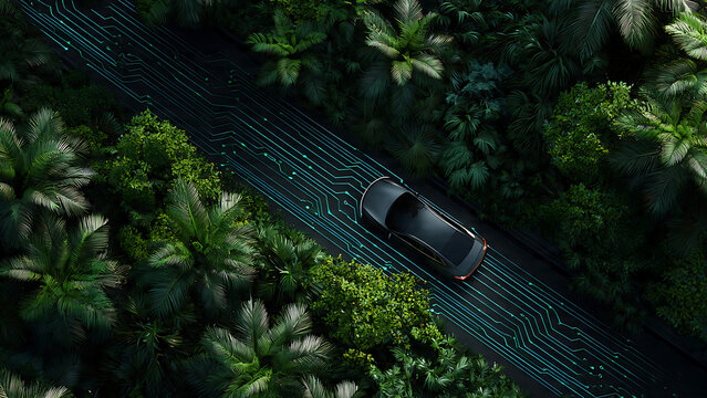 Top view of a modern car on a glowing digital circuit road amidst dense jungle, suitable for green tech, autonomous driving and futuristic transport.