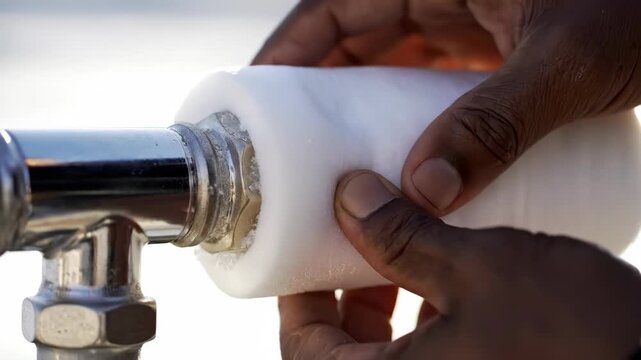 Hands installing foam insulation on a frozen pipe valve. Winter plumbing maintenance and pipe protection. Preventing burst pipes in cold weather