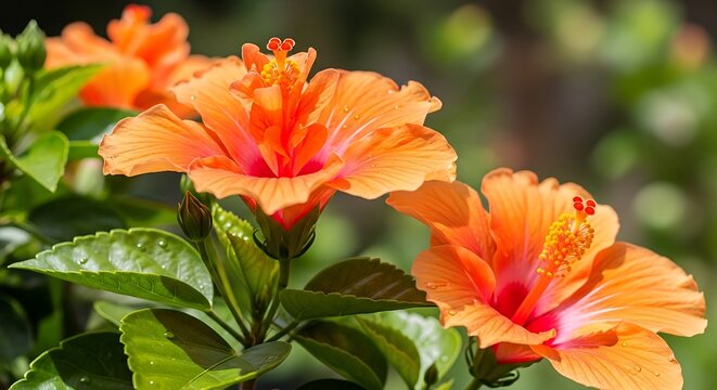 Vibrant orange hibiscus flowers blooming with green leaves and water droplets