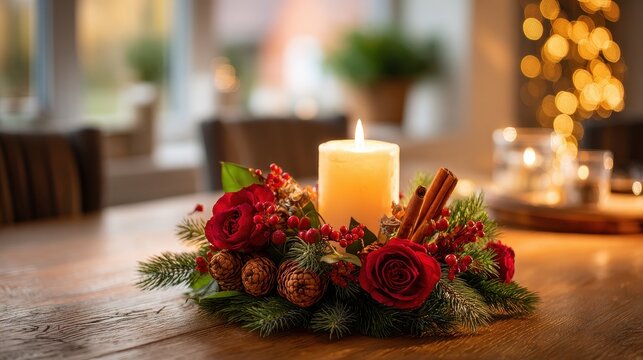 Festive Christmas Centerpiece with Candle, Red Roses and Evergreen Greens