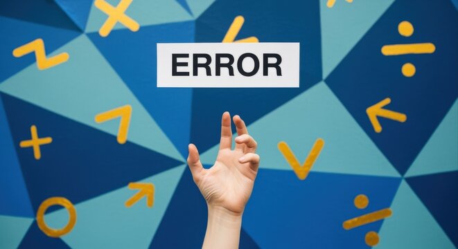 Hand reaching for a sign with the word ERROR among floating mathematical symbols on a blue geometric background