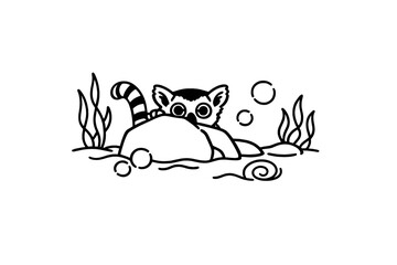 Black line art of a lemur peeking from behind a rock © PAPA STOCK