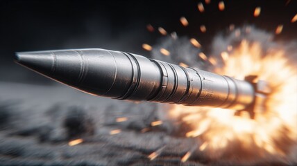 Obraz premium High-Speed Missile Launching with Explosive Fire and Smoke Detail