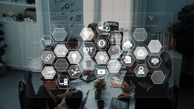 A group of professionals engages in a collaborative workspace, surrounded by innovative technology icons and data analysis visuals, reflecting digital transformation trends. Raster
