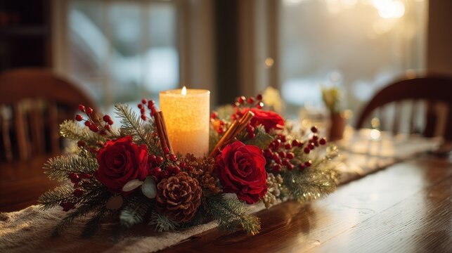Cozy Holiday Table Arrangement Featuring Fir, Brunia and Cinnamon Sticks