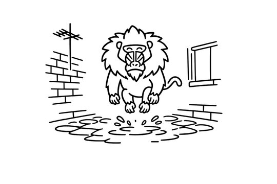 Black line drawing of a mandrill in an urban alley