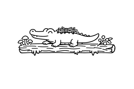Cute crocodile carrying sticks on a log line drawing