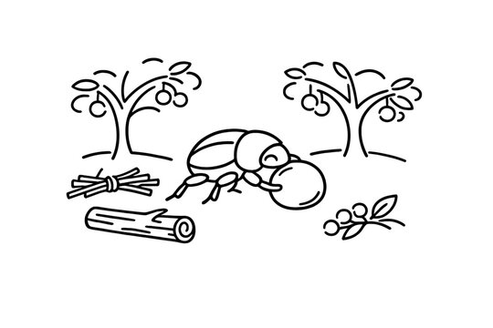 Line art beetle with fruit trees, branch bundle, and log