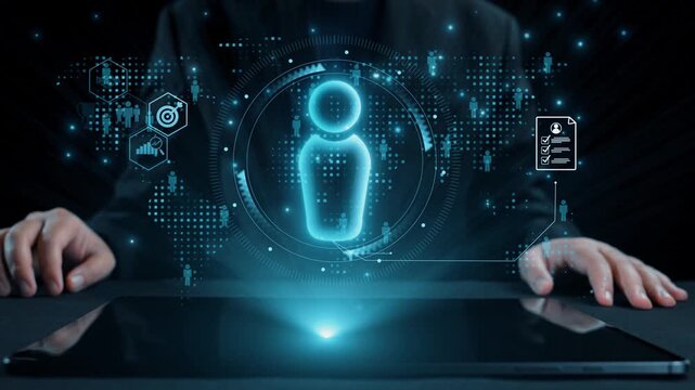 A digital user interface is showcased with holographic elements and technology symbols, emphasizing the concept of virtual identity and data interaction in modern communication. Qubit