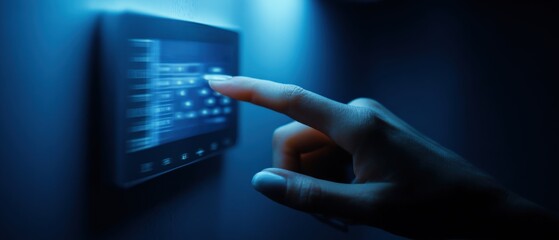 Fototapeta premium Close up of a hand interacting with a digital touchscreen interface with a blue glow