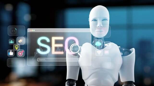 A futuristic robot showcases a search engine optimization interface with interactive elements, embodying the fusion of technology, innovation, and data analytics. Synapse