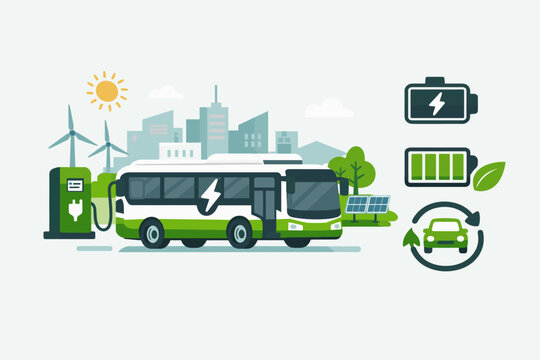 Electric bus charging at a station in a sustainable city with wind turbines, solar panels, and battery icons, representing eco-friendly urban public transportation and renewable energy solutions.