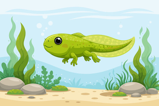 Cute Green Tadpole with Legs Swimming Underwater in a Pond, Showing Amphibian Life Cycle and Growth Stages. Simple Flat Vector Illustration of a Young Frog in its Natural Aquatic Habitat.