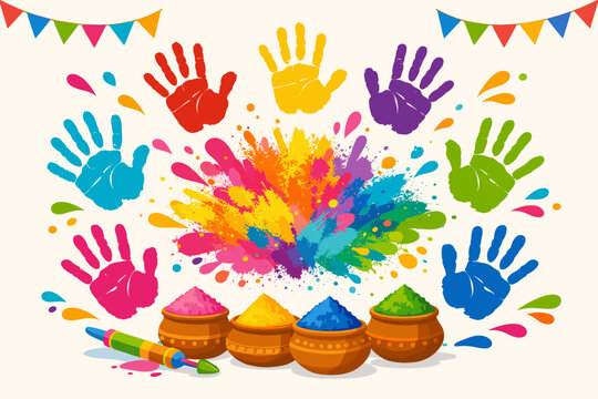 Vibrant Holi Festival Celebration Vector Illustration Featuring Colorful Handprints, Clay Pots with Gulal Powder, Pichkari Water Gun, and Festive Splash Background for Indian Spring Holiday.