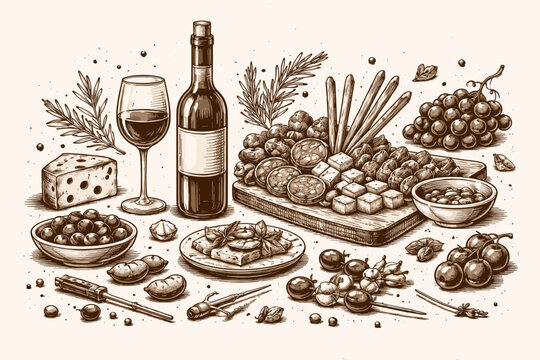 Vintage Hand-Drawn Wine and Appetizers Sketch Featuring a Wine Bottle, Glass, Cheese, Olives, Grapes, and Charcuterie Board in Monochrome Engraving Style for Retro Poster and Wall Art Decor