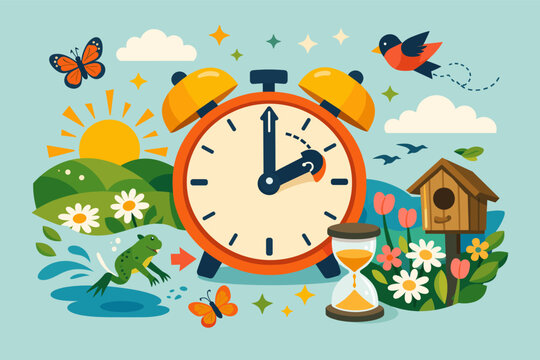 Spring Forward Daylight Saving Time Illustration Featuring a Large Alarm Clock, Blooming Flowers, Birds, Butterflies, and a Bright Sun in a Flat Vector Style for Seasonal Time Change Awareness