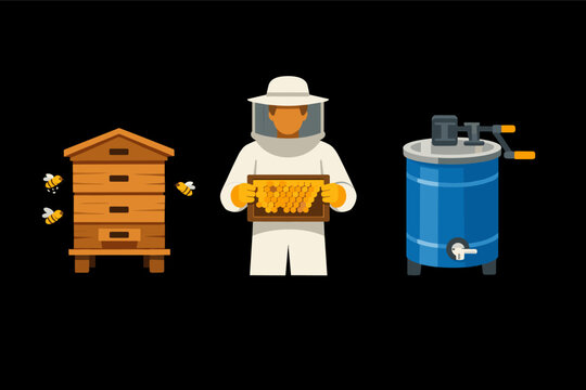 Flat vector illustration set of beekeeping equipment including a wooden beehive with flying bees, a beekeeper in a white protective suit holding a honeycomb frame, and a blue honey extractor tank.