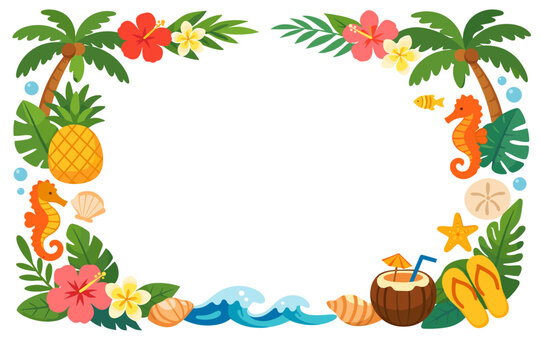 Tropical Summer Frame Border with Palm Trees, Pineapple, Seahorses, Hibiscus Flowers, Coconut Drink, Flip-flops, and Sea Shells. Flat Vector Illustration for Coastal Vacation and Beach Party Themes.
