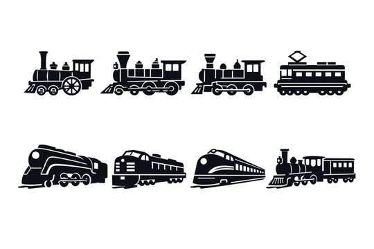 Collection of train engine flat vector icons featuring vintage steam locomotives, classic diesel engines, and modern high-speed railway transport silhouettes for graphic design and logos.