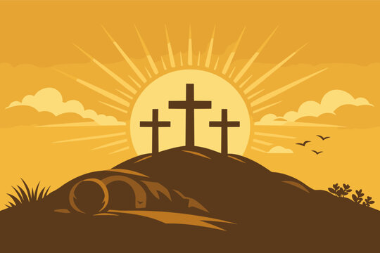 Vector illustration for Easter Sunday featuring three crosses on Calvary hill with an empty tomb and the stone rolled away under a bright rising sun with rays, representing the resurrection.