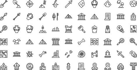 Archaeology and historical artifacts outline icon set with excavation tools ancient monuments fossils and cultural heritage symbols for education © MdMahfujAhmmed
