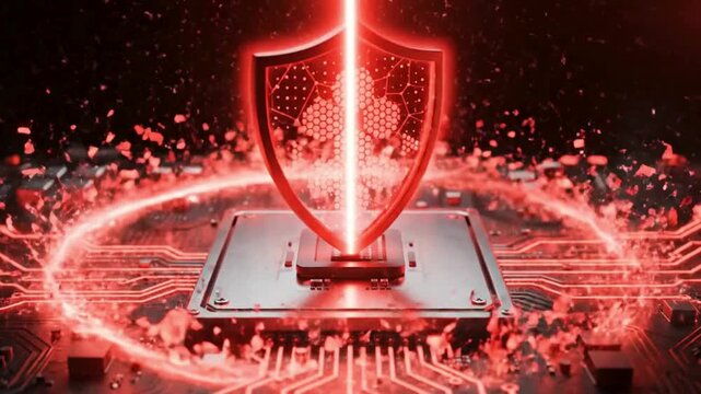Cybersecurity shield animation with glowing red protection over processor chip, digital defense system concept for data security, network safety and advanced cyber threat protection background