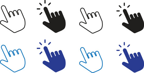Fototapeta premium Minimalist hand cursor icon set, black and blue clicking finger pointers, 8 vector web navigation elements for digital interface design