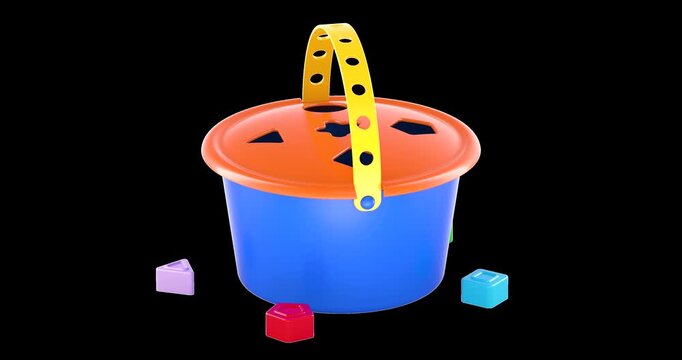 Baby shape sorter bucket, rotation animation seamlessly loopable. 3D rendering isolated on transparent background