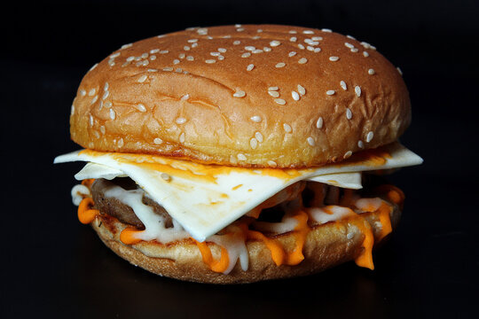 Toasted Cheeseburger with Melted Cheese Slice and Creamy Orange Sauce.