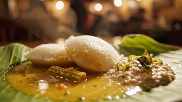 Close-up of idli with sambar and chutney on banana leaf