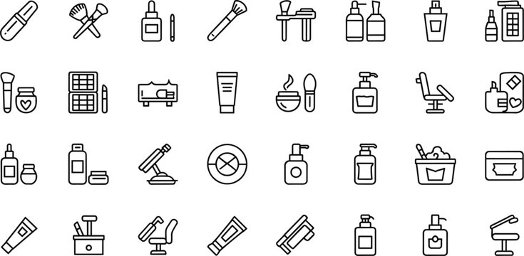 Beauty and cosmetics line icon set featuring makeup tools skincare products salon minimal outline vector collection